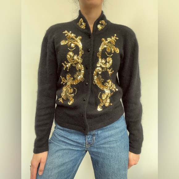 Vintage Karen Scott Black Silk Wool Sequin Beaded Knit Cardigan Sweater Size M - Picture 3 of 10